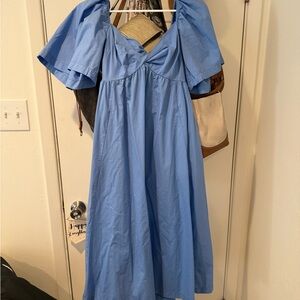 Blue Puff Sleeve Dress with Bow on Back